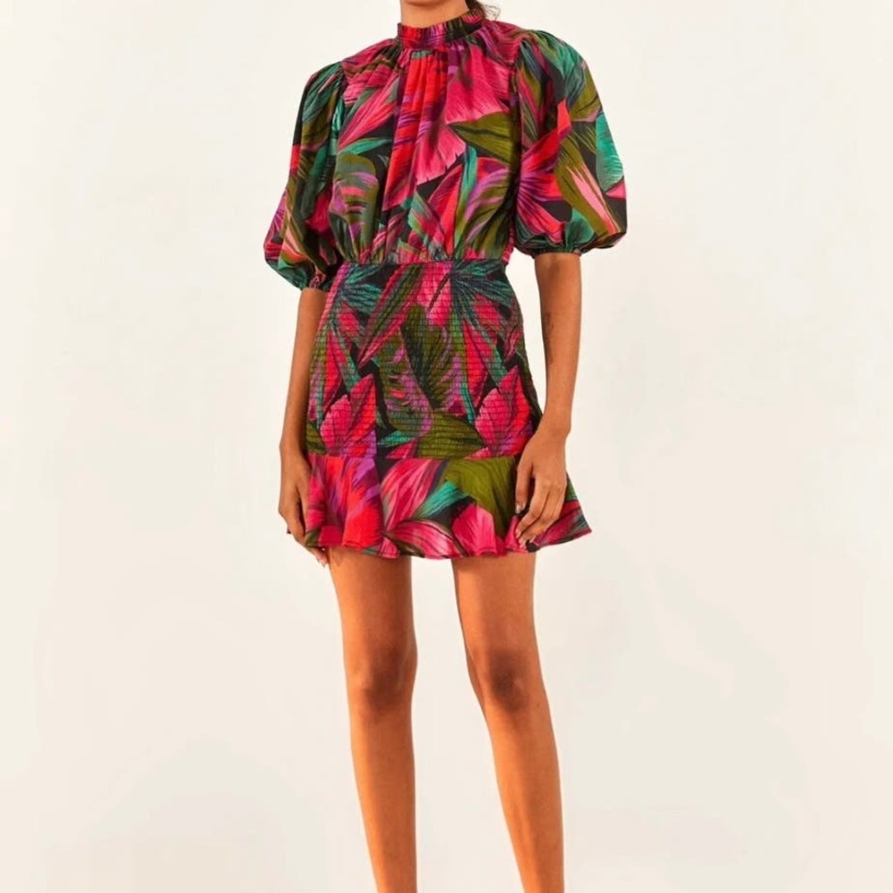 FARM RIO Midnight Leaves Mini Dress Puff Sleeve Mock Neck Elastic Large Cotton